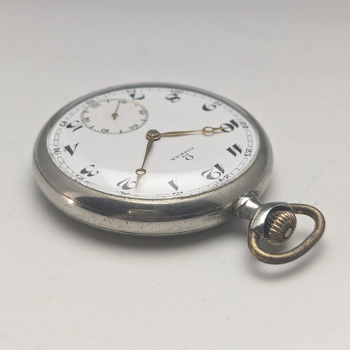 Around 1920 Antique Omega pocket watch silver plated open face with translation